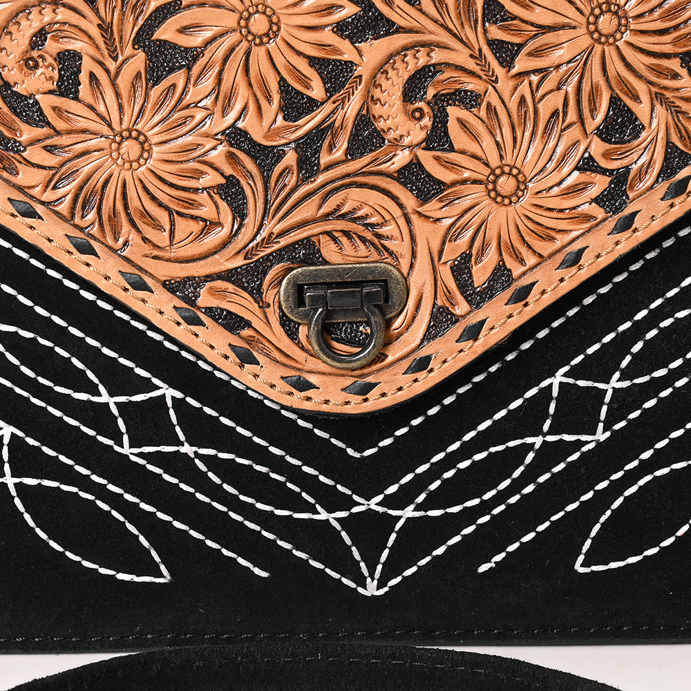 ADBG1623A Western Floral Tooled Leather Envelope Bag - Black Suede Envelope by American Darling