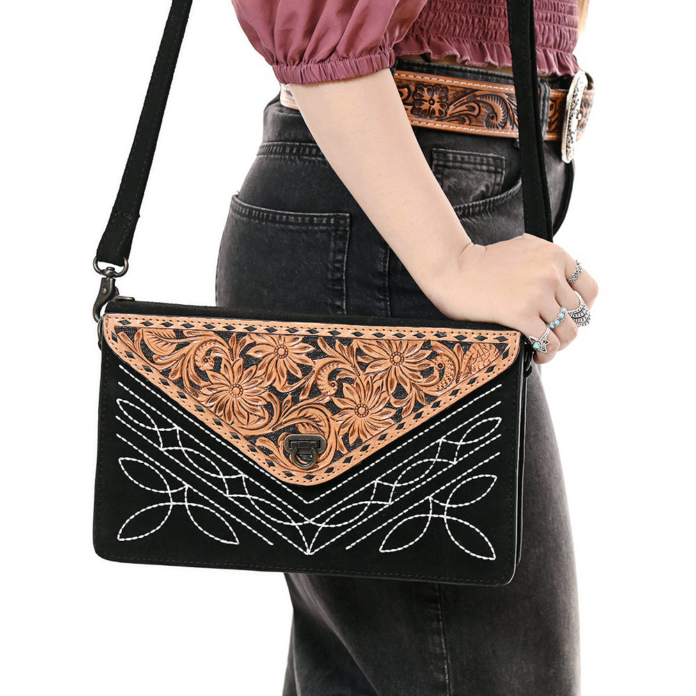 ADBG1623A Western Floral Tooled Leather Envelope Bag - Black Suede Envelope by American Darling