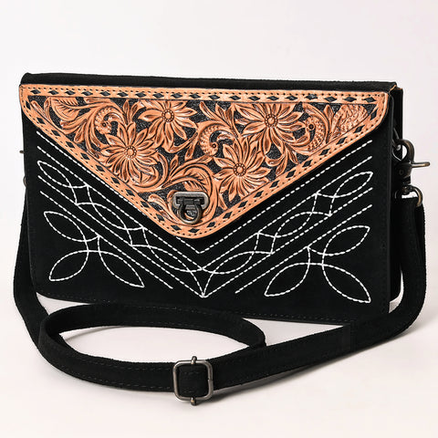 American Darling Black Western Genuine Suede Leather Envelop Bag with Hand-Tooled Detailing