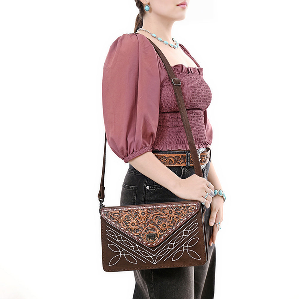 ADBG1623 Suede Envelope Crossbody Bag with Floral Tooled Leather Flap & White Embroidery