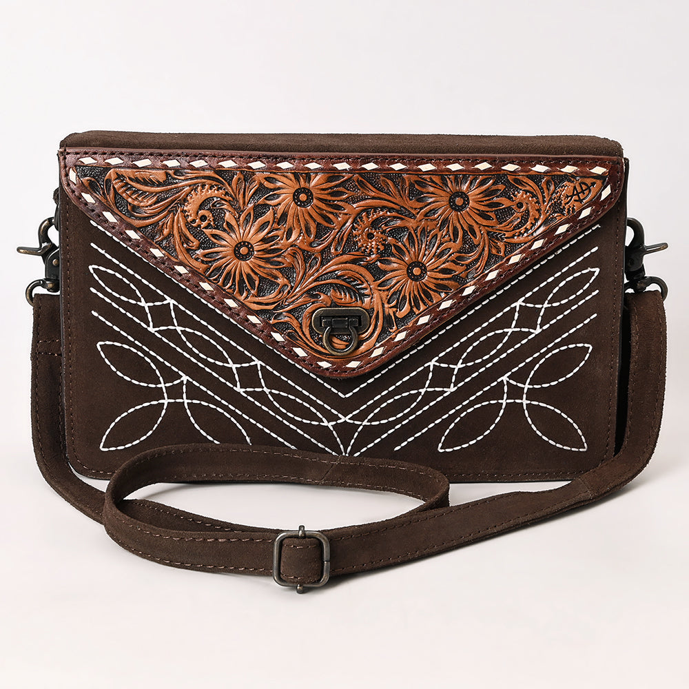 ADBG1623 Suede Envelope Crossbody Bag with Floral Tooled Leather Flap & White Embroidery