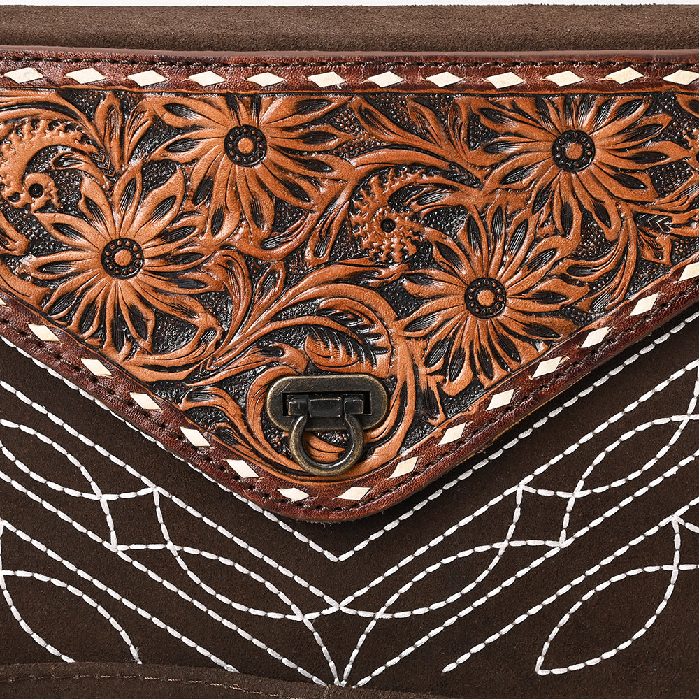 ADBG1623 Suede Envelope Crossbody Bag with Floral Tooled Leather Flap & White Embroidery