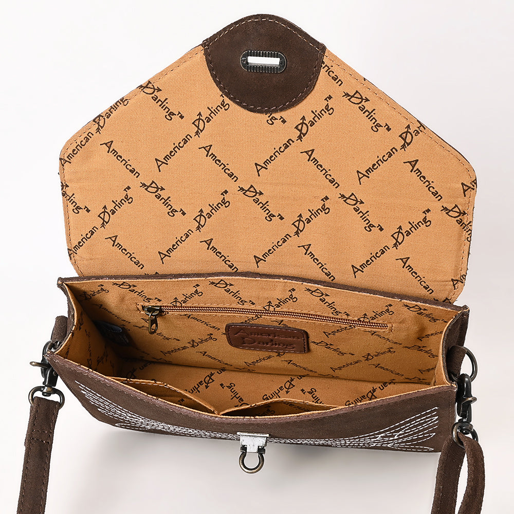 ADBG1623 Suede Envelope Crossbody Bag with Floral Tooled Leather Flap & White Embroidery