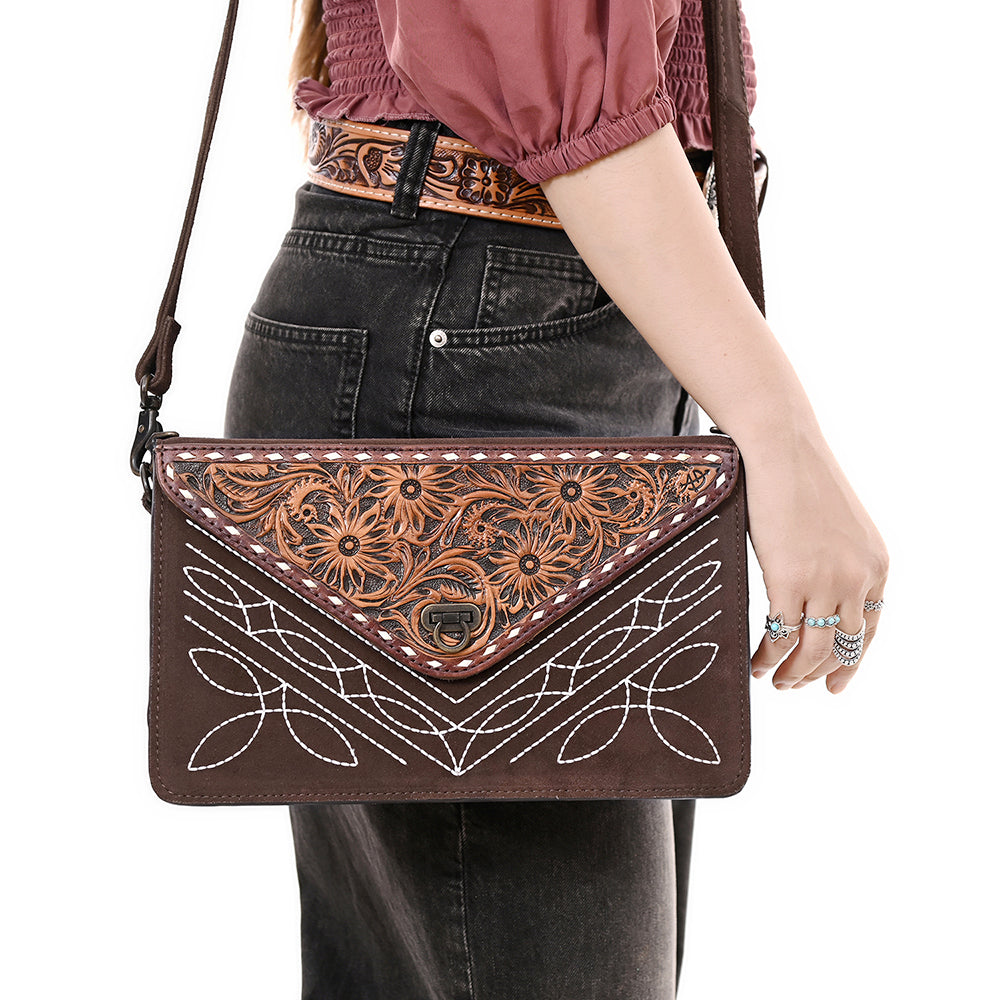 ADBG1623 Suede Envelope Crossbody Bag with Floral Tooled Leather Flap & White Embroidery