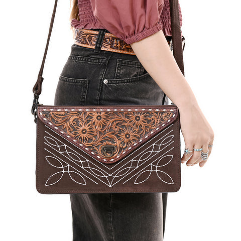 American Darling Western Genuine Suede Leather Envelop Bag with Hand-Tooled Detailing