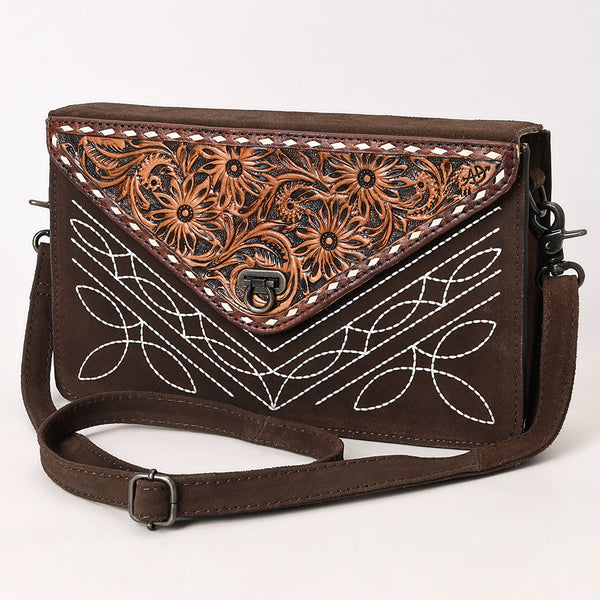 ADBG1623 Suede Envelope Crossbody Bag with Floral Tooled Leather Flap & White Embroidery