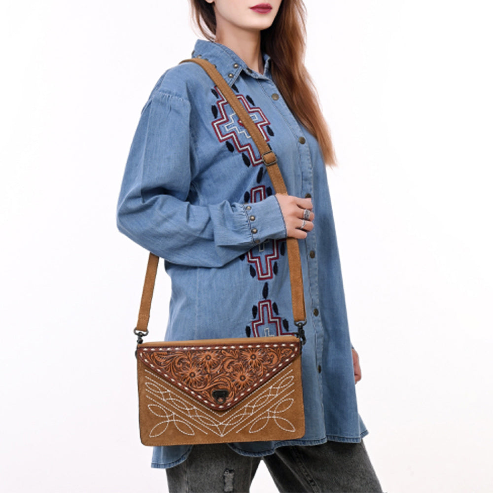ADBG1623 Suede Envelope Crossbody Bag with Floral Tooled Leather Flap & White Embroidery