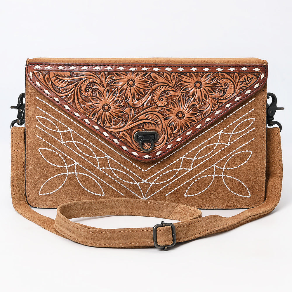 ADBG1623 Suede Envelope Crossbody Bag with Floral Tooled Leather Flap & White Embroidery