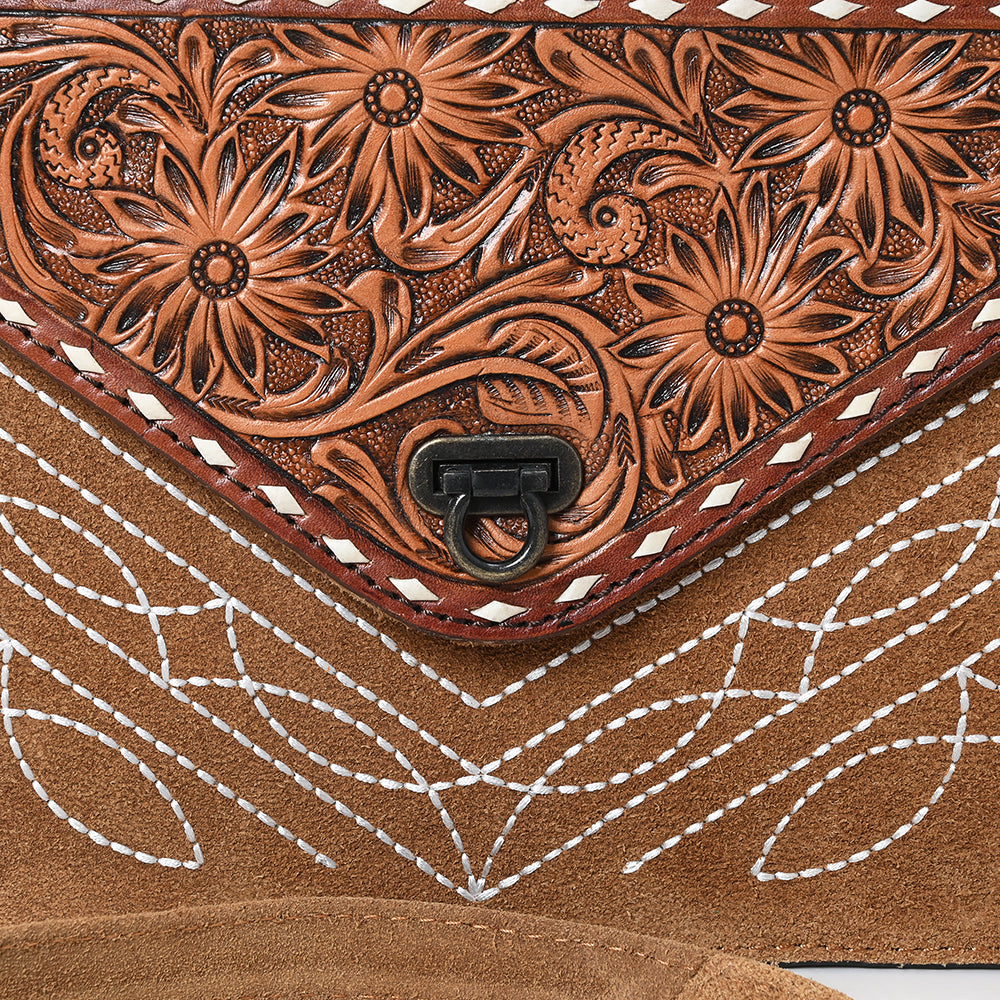 ADBG1623 Suede Envelope Crossbody Bag with Floral Tooled Leather Flap & White Embroidery