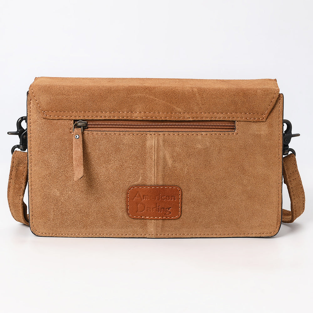 ADBG1623 Suede Envelope Crossbody Bag with Floral Tooled Leather Flap & White Embroidery