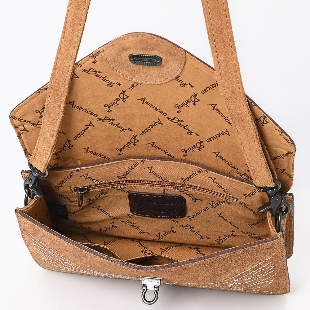 ADBG1623 Suede Envelope Crossbody Bag with Floral Tooled Leather Flap & White Embroidery