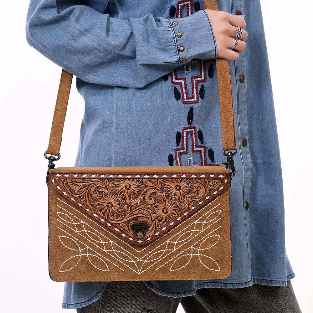 ADBG1623 Suede Envelope Crossbody Bag with Floral Tooled Leather Flap & White Embroidery