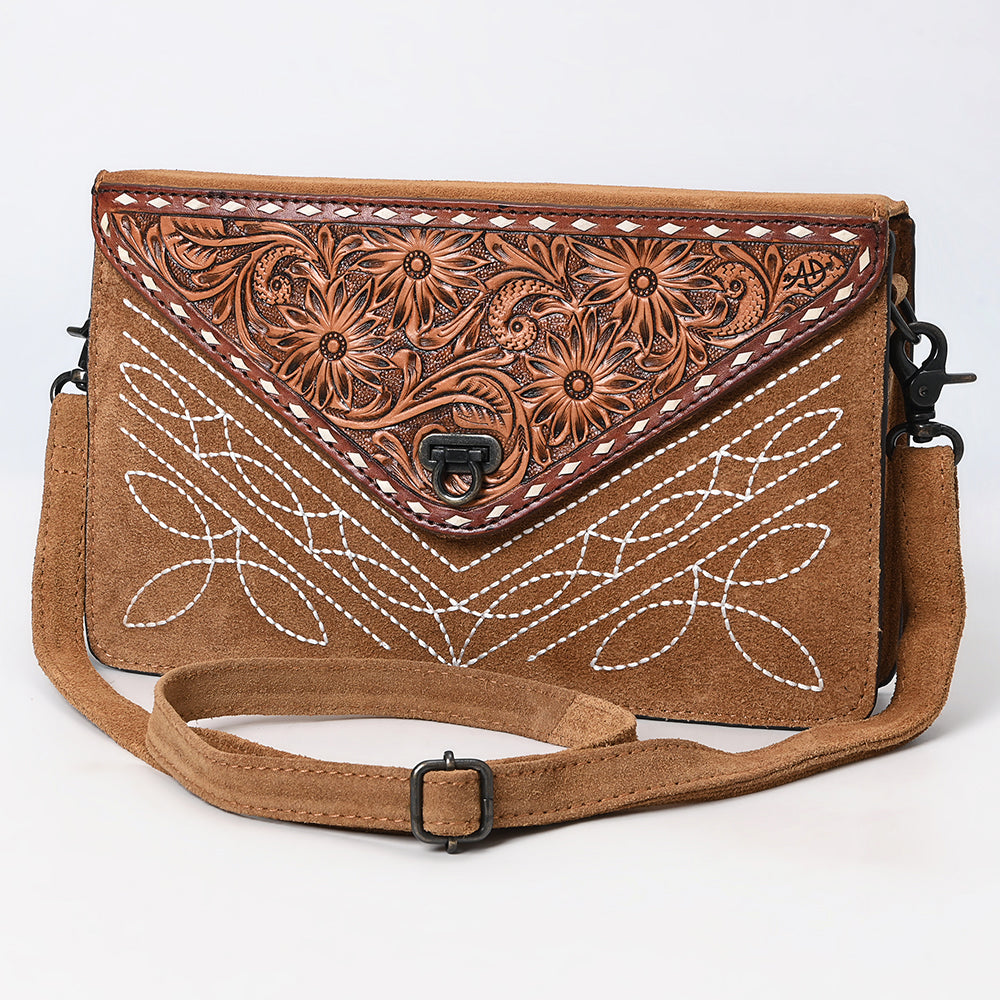 ADBG1623 Suede Envelope Crossbody Bag with Floral Tooled Leather Flap & White Embroidery