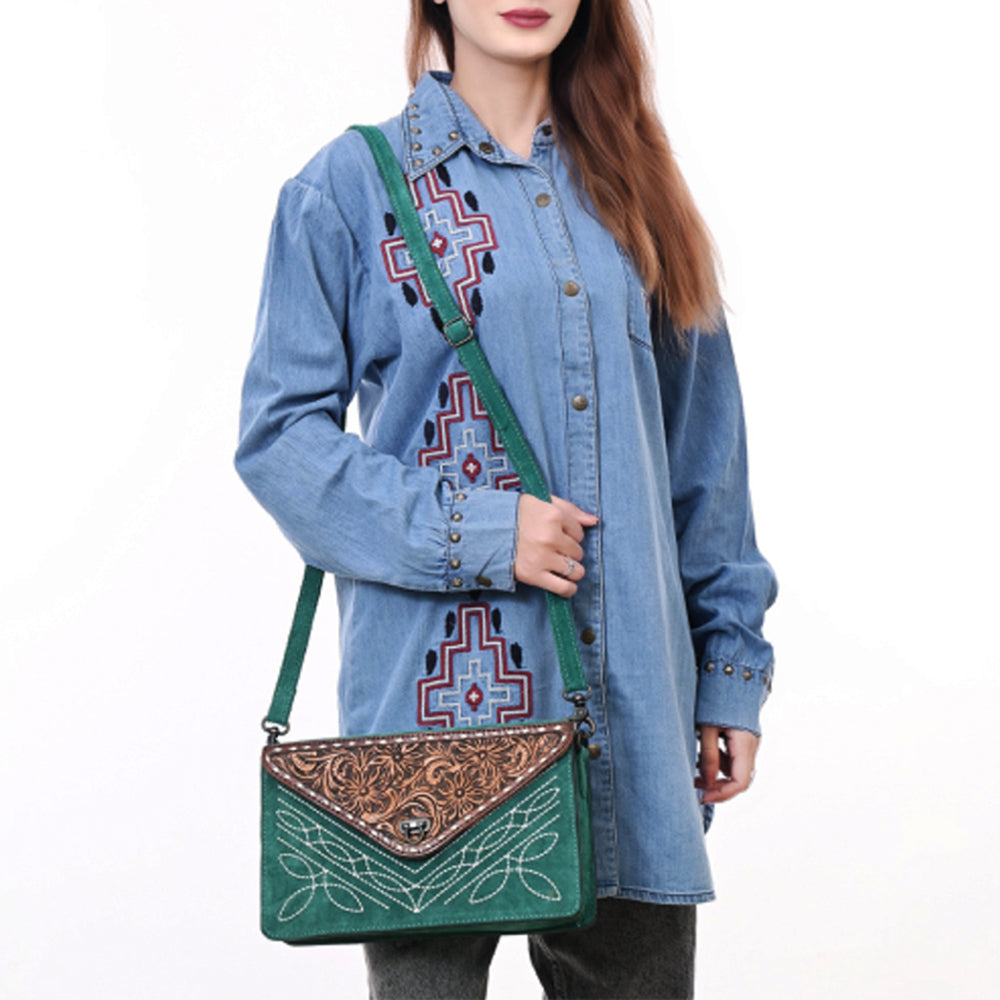 ADBG1623 Suede Envelope Crossbody Bag with Floral Tooled Leather Flap & White Embroidery