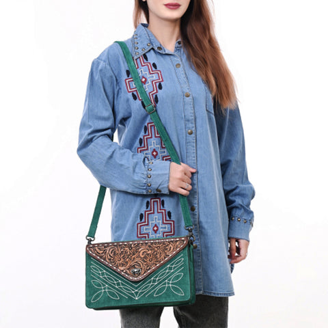 American Darling Western Genuine Suede Leather Envelop Bag with Hand-Tooled Detailing
