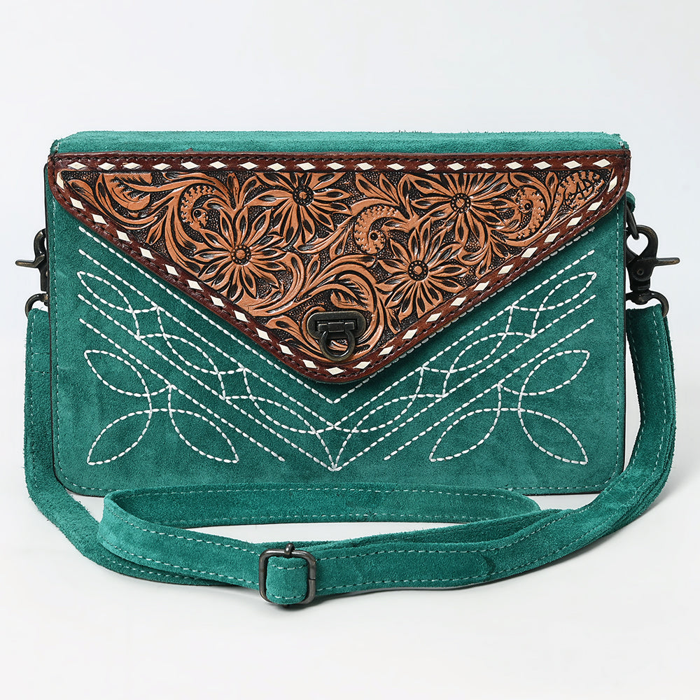 ADBG1623 Suede Envelope Crossbody Bag with Floral Tooled Leather Flap & White Embroidery