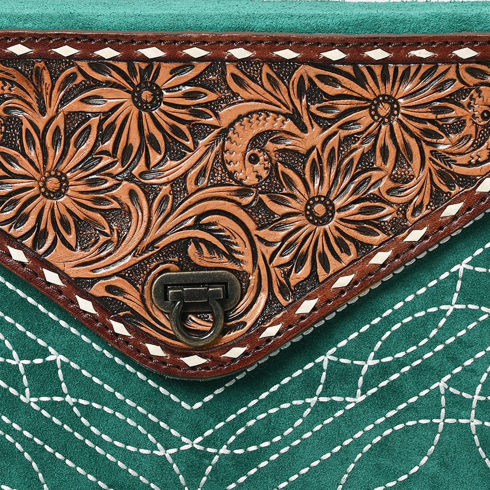 ADBG1623 Suede Envelope Crossbody Bag with Floral Tooled Leather Flap & White Embroidery