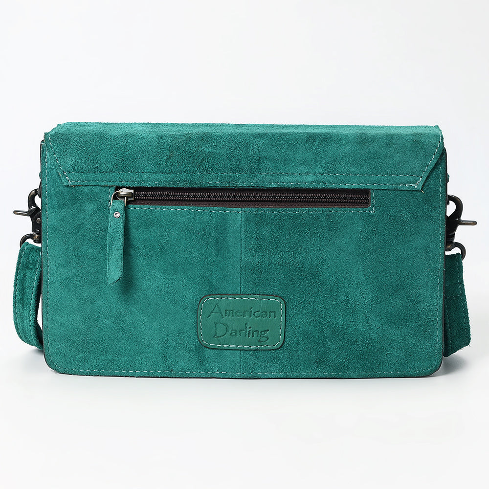 ADBG1623 Suede Envelope Crossbody Bag with Floral Tooled Leather Flap & White Embroidery