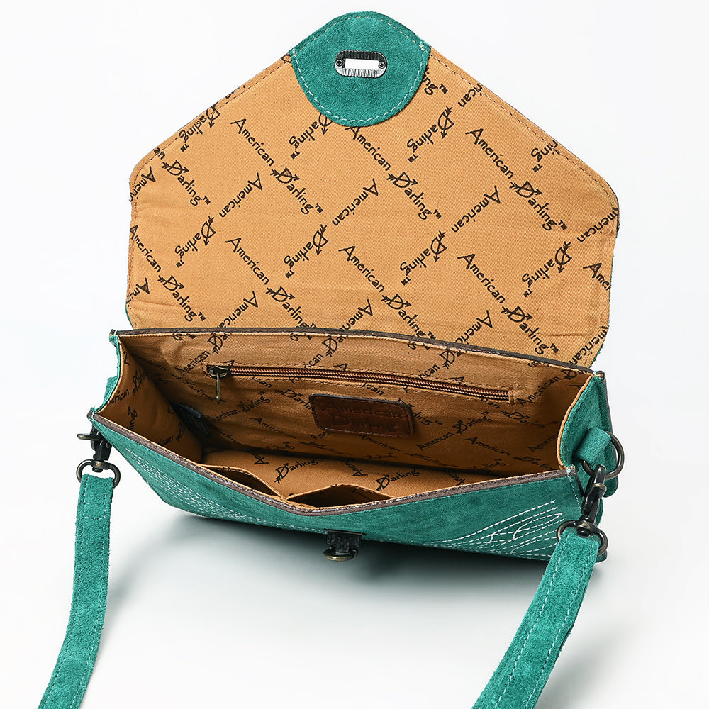 ADBG1623 Suede Envelope Crossbody Bag with Floral Tooled Leather Flap & White Embroidery
