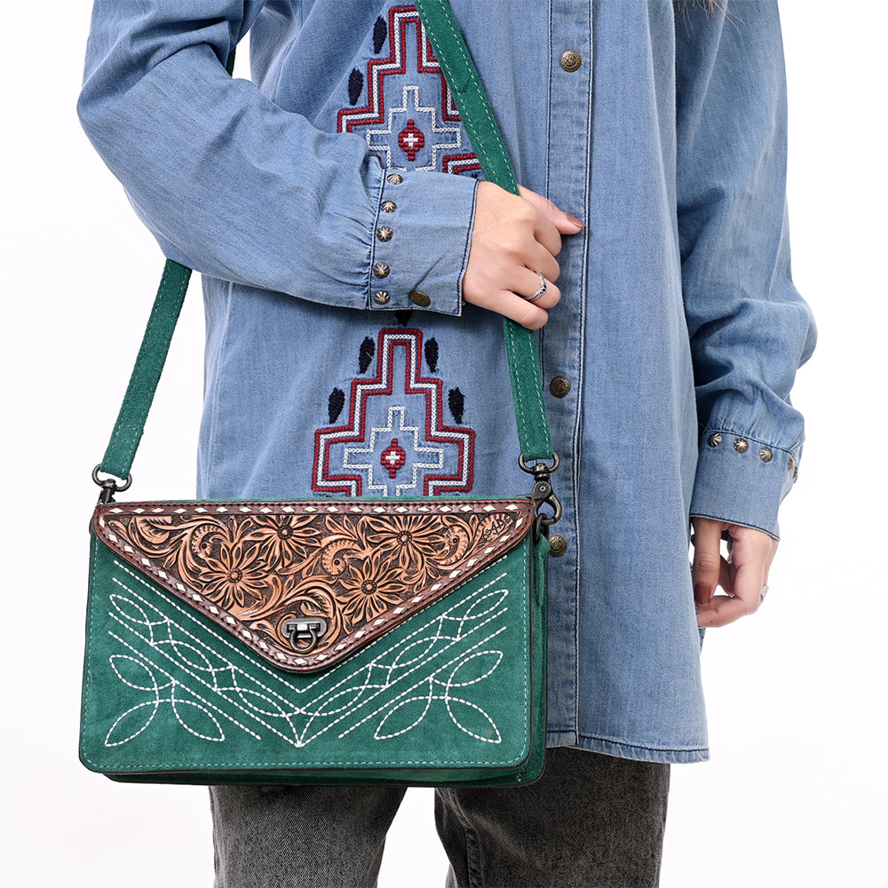 ADBG1623 Suede Envelope Crossbody Bag with Floral Tooled Leather Flap & White Embroidery