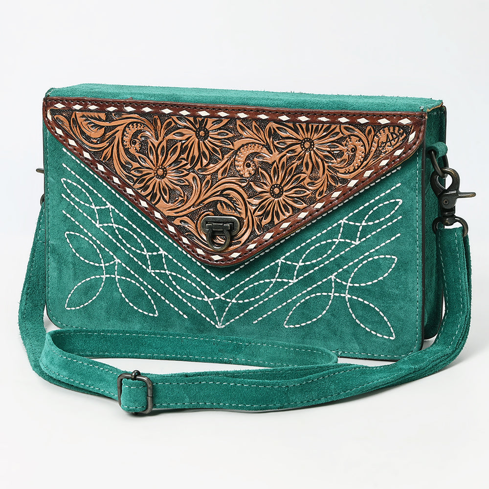 ADBG1623 Suede Envelope Crossbody Bag with Floral Tooled Leather Flap & White Embroidery
