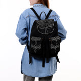 ADBG1624A Black Suede Western Backpack with White Embroidery and Tassel Accents