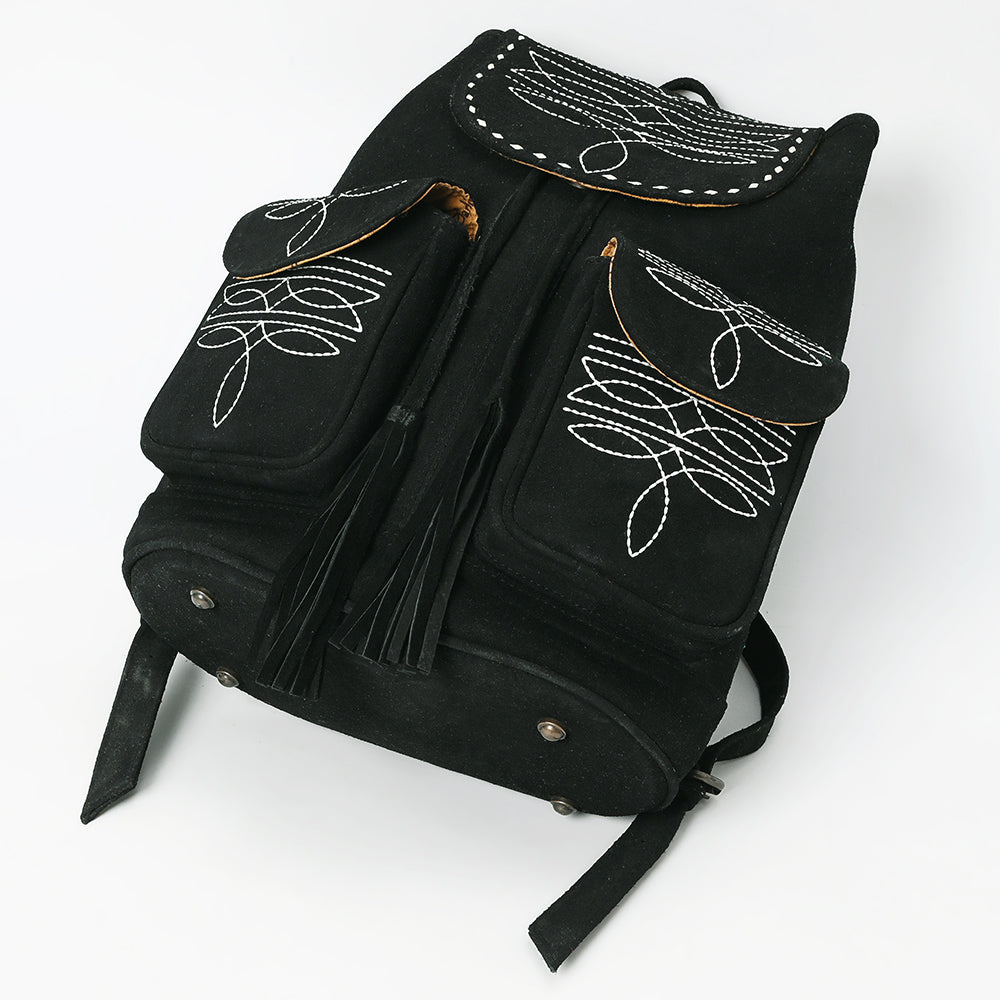 ADBG1624A Black Genuine suede Western Backpack with White Embroidery and Tassel Accents