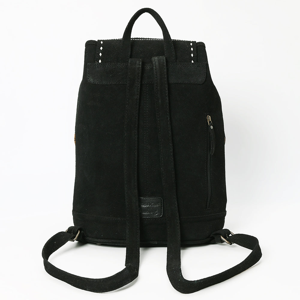ADBG1624A Black Genuine suede Western Backpack with White Embroidery and Tassel Accents