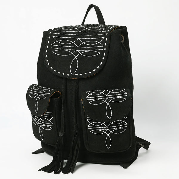 ADBG1624A Black Suede Western Backpack with White Embroidery and Tassel Accents