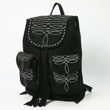 ADBG1624A Black Suede Western Backpack with White Embroidery and Tassel Accents