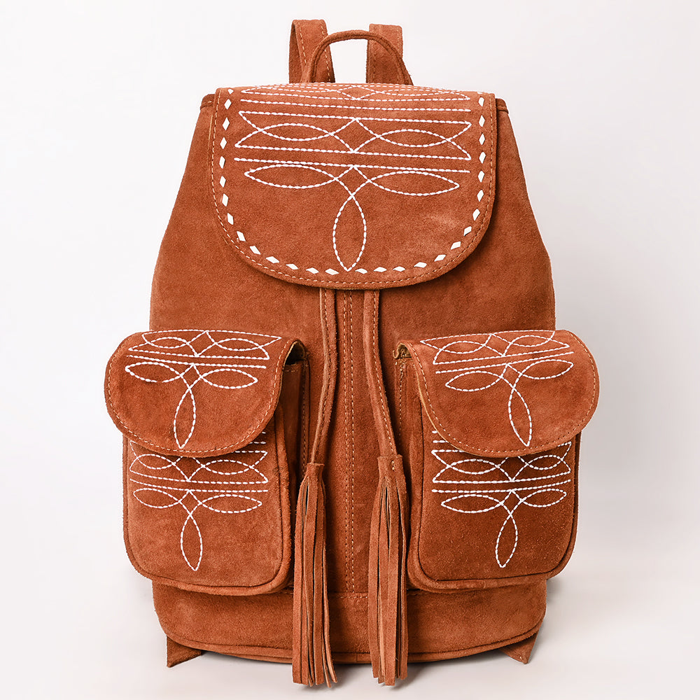 ADBG1624 Genuine suede Western Backpack with White Embroidery and Fringe Tassels
