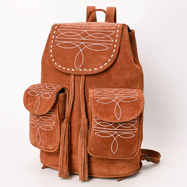 ADBG1624 Suede Western Backpack with White Embroidery and Fringe Tassels
