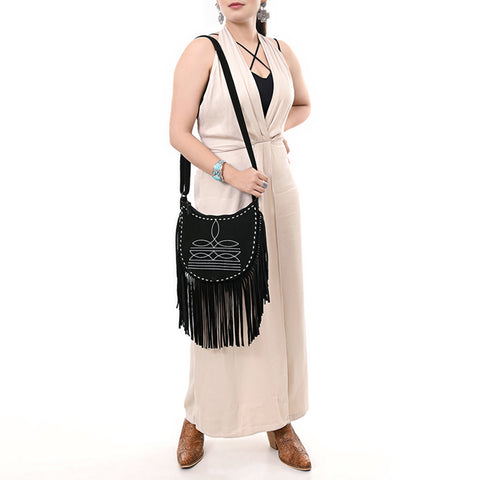 American Darling Black Genuine Suede Western Leather Crossbody Bag with Boot Stitch Detail & Fringe