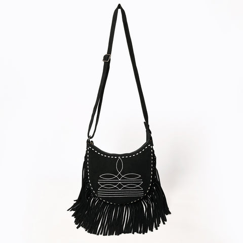 American Darling Black Genuine Suede Western Leather Crossbody Bag with Boot Stitch Detail & Fringe