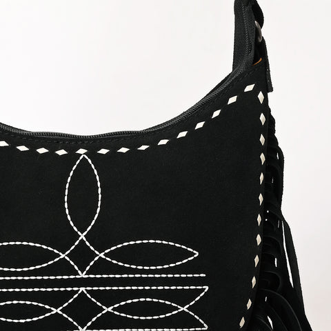 American Darling Black Genuine Suede Western Leather Crossbody Bag with Boot Stitch Detail & Fringe