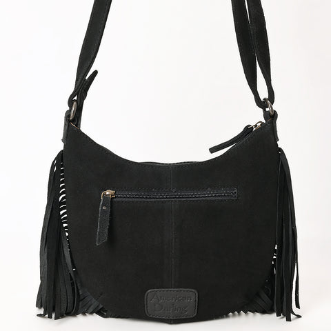 American Darling Black Genuine Suede Western Leather Crossbody Bag with Boot Stitch Detail & Fringe