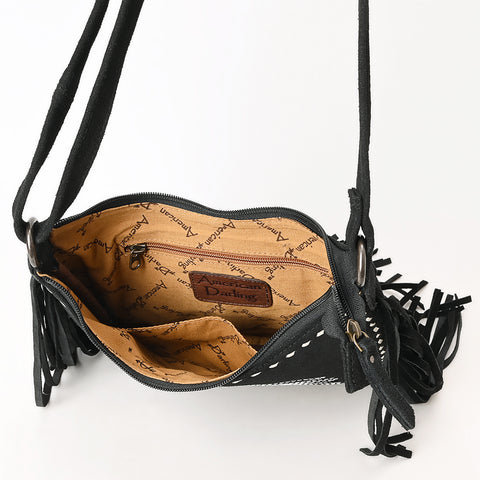 American Darling Black Genuine Suede Western Leather Crossbody Bag with Boot Stitch Detail & Fringe