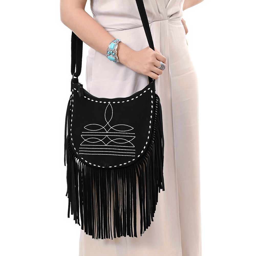 ADBG1625A Genuine suede Fringe Crossbody Bag - Western Embroidered Leather Shoulder Purse