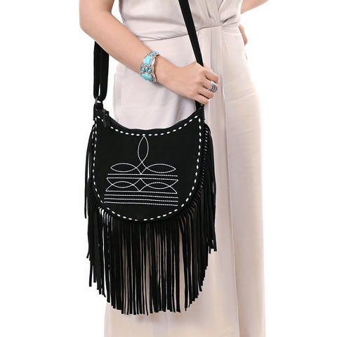 American Darling Black Genuine Suede Western Leather Crossbody Bag with Boot Stitch Detail & Fringe