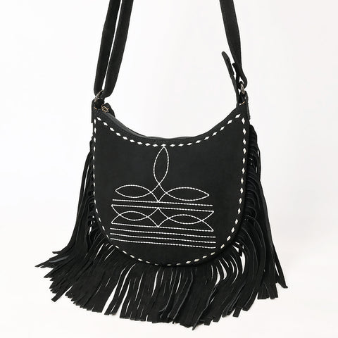 American Darling Black Genuine Suede Western Leather Crossbody Bag with Boot Stitch Detail & Fringe