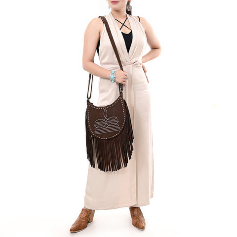 American Darling Western Leather Genuine Suede Crossbody Bag Boot Stitch Detail & Fringe