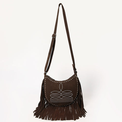 American Darling Western Leather Genuine Suede Crossbody Bag Boot Stitch Detail & Fringe