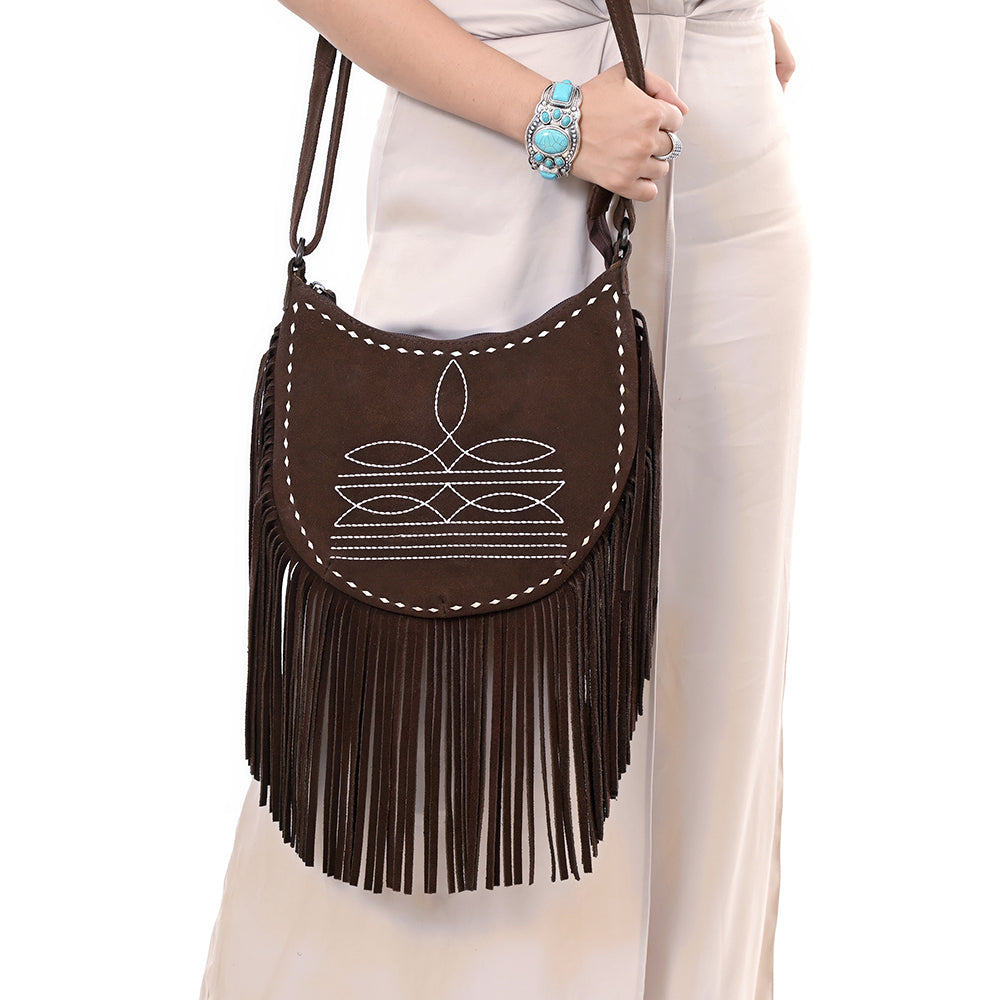 ADBG1625 Suede Fringe Messenger Bag - Western Embroidered Leather Shoulder Purse