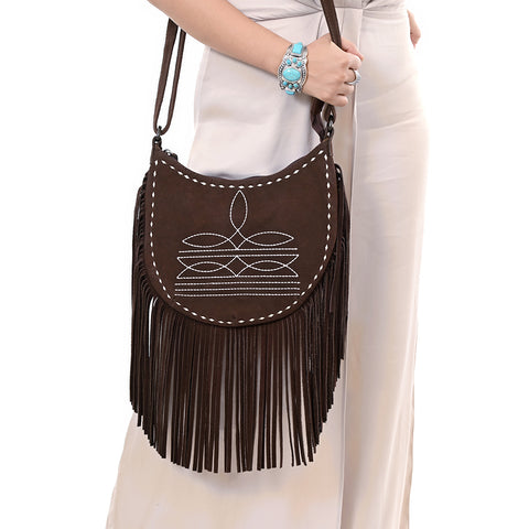 American Darling Western Leather Genuine Suede Crossbody Bag Boot Stitch Detail & Fringe
