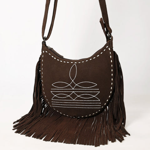 American Darling Western Leather Genuine Suede Crossbody Bag Boot Stitch Detail & Fringe