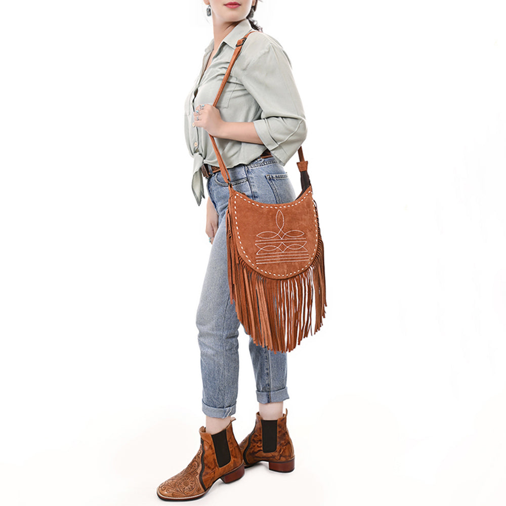 ADBG1625 Suede Fringe Messenger Bag - Western Embroidered Leather Shoulder Purse