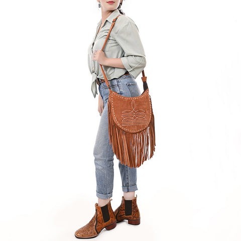 American Darling Western Leather Genuine Suede Crossbody Bag Boot Stitch Detail & Fringe