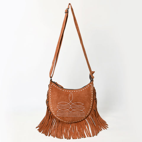American Darling Western Leather Genuine Suede Crossbody Bag Boot Stitch Detail & Fringe