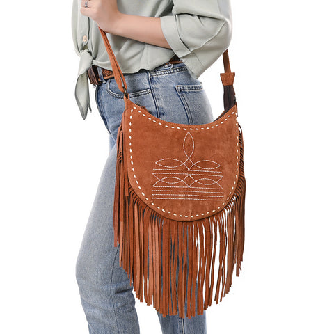 American Darling Western Leather Genuine Suede Crossbody Bag Boot Stitch Detail & Fringe