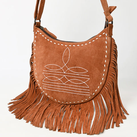 American Darling Western Leather Genuine Suede Crossbody Bag Boot Stitch Detail & Fringe